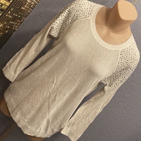 EXPRESS - NWT - cream sheer mesh knit l/s sweater w silver studded shoulders - L - Picture 16 of 16